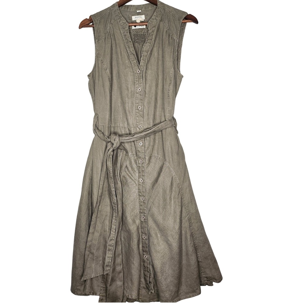 MALVIN I love Linen shirt dress Belt XL US 12 Olive Green Button‎ up Midi